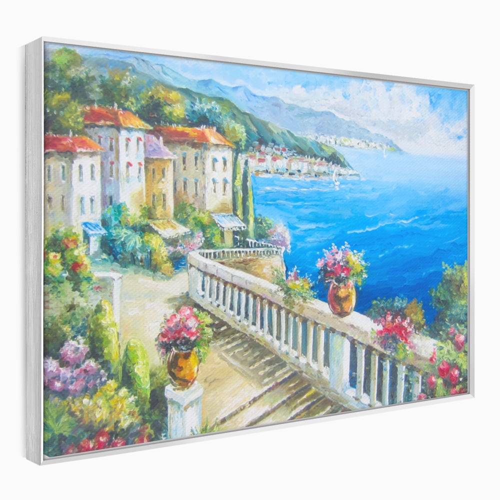 Tablou canvas cu pictura case pe malul marii, in rama de aluminiu argintiu